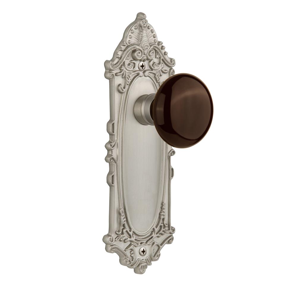 Nostalgic Warehouse VICBRN Single Dummy Victorian Plate with Brown Porcelain Knob without Keyhole in Satin Nickel